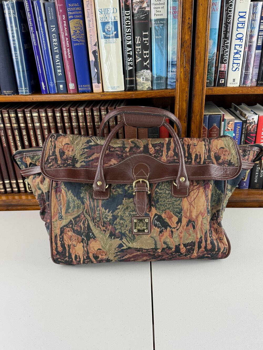 Vtg 1980's Capezio Equestrian Tapestry Faux Leather English Countryside Bag